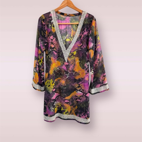 🛍️SALE🛍️Vibrant Multicolor V-Neck Boho Tunic Top Cover Up Mini Dress (100% Silk) - Picture 2 of 7